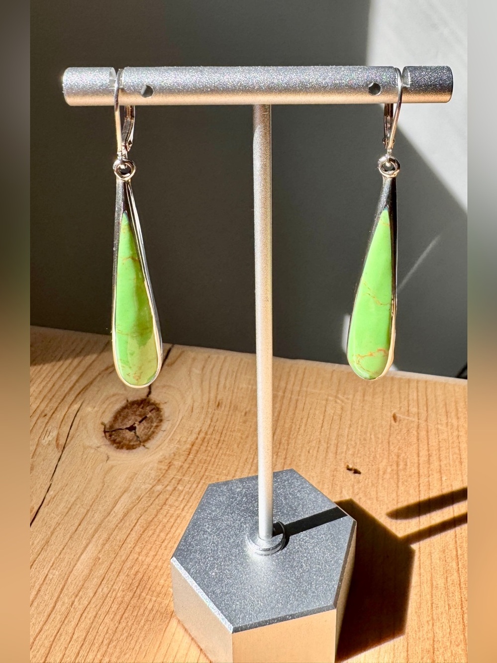 Green Mohave Kingman Turquoise Teardrop Dangle Earrings Sterling Silver 925